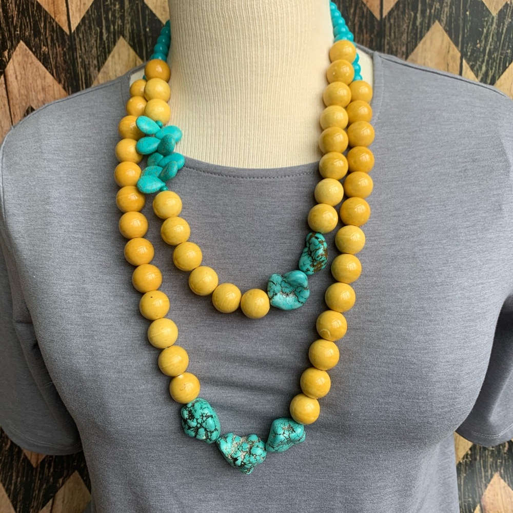Mustard and Turquoise Beaded Necklace (2 separate)